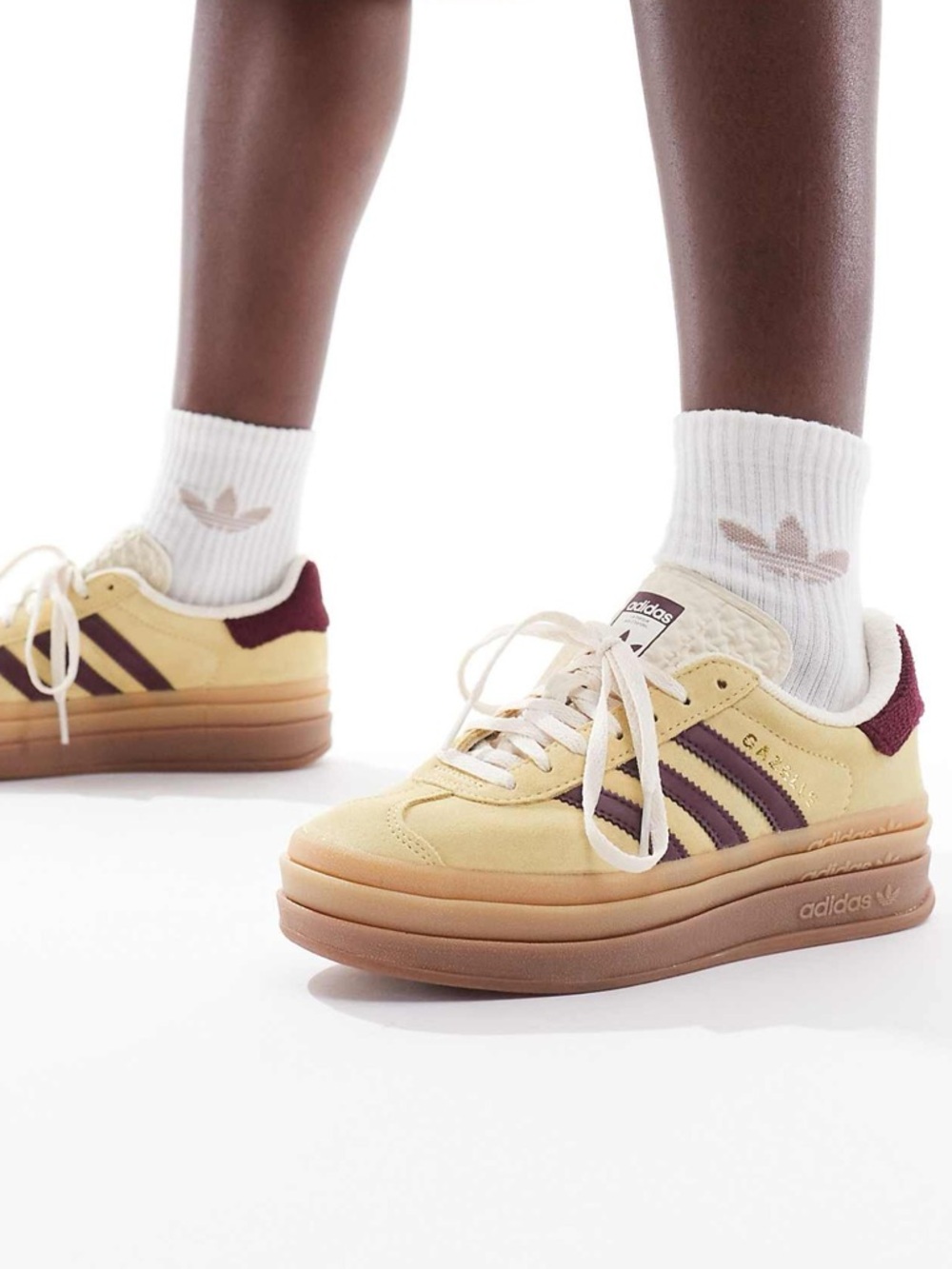 Adidas Originals Gazelle Bold Sneakers with gum sole in yellow and burgundy